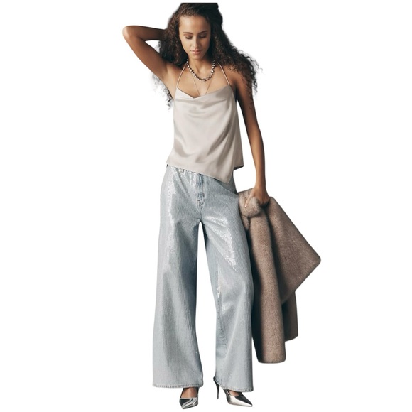 Pilcro Sequin Skater High-Rise Wide-Leg Jeans Size 28 In Light Denim Color - Picture 3 of 16